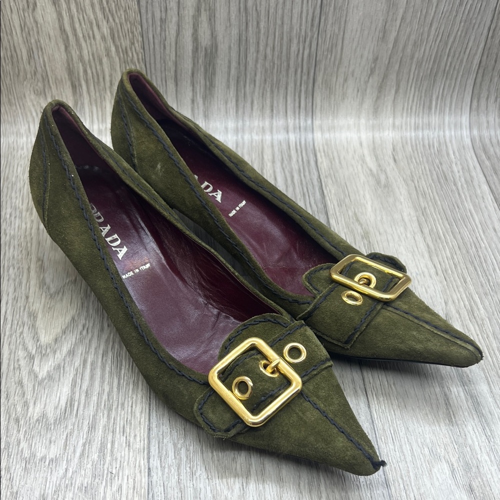 Prada Olive Green Heels with Gold Buckle